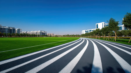 A vibrant and inviting track pathway stretches through a green urban landscape under a clear blue sky, perfect for fitness and recreational activities.の素材