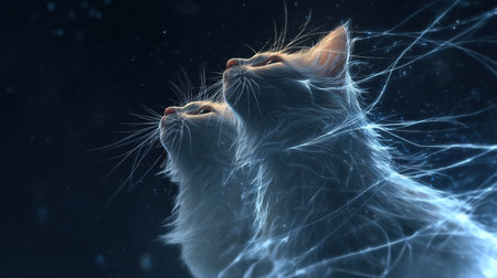 Two ethereal white cats with glowing fur appear against a dark background, radiating a serene and mystical atmosphere. Their profiles capture a moment of quiet beauty and companionship.の素材