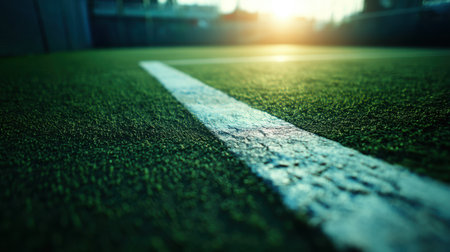 A close-up view of a grass sports field featuring a prominent white line, capturing the essence of outdoor recreation during sunset. Perfect for sports-related themes.の素材