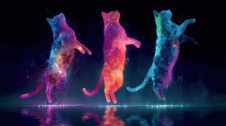 A stunning composition of colorful cosmic cats in a starry universe. Each cat is beautifully designed with galaxy patterns, showcasing a magical blend of colors and cosmic wonder.の素材