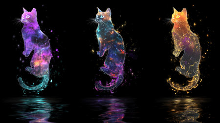 This stunning image features vibrant silhouettes of cats against a dark background, evoking a dreamlike cosmic theme with reflection effects.の素材