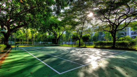 A tranquil outdoor tennis court features a vibrant green surface surrounded by lush trees and sunlight filtering through. A perfect scene for sports enthusiasts.の素材