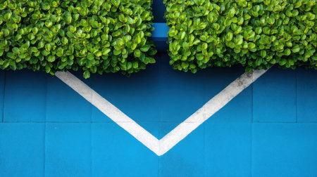 Close-up view of lush green foliage resting above a bright blue wall featuring a striking white chevron pattern, creating a modern and vibrant visual contrast.の素材