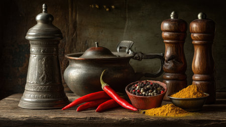 Discover a rustic arrangement featuring vibrant chilis, spices, and vintage kitchen tools. This still life captures the essence of culinary arts and evokes warmth.の素材