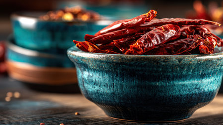 Discover the vibrant beauty of dried chili peppers displayed in decorative bowls. Perfect for culinary inspiration and food photography.の素材