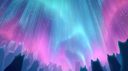 Experience the breathtaking beauty of an ethereal aurora borealis illuminating a tranquil forest silhouette under a starry night sky.の素材