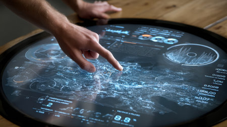 A person interacting with a high-tech touchscreen display showing a detailed data visualization. The innovative interface merges technology with design for dynamic analysis.の素材