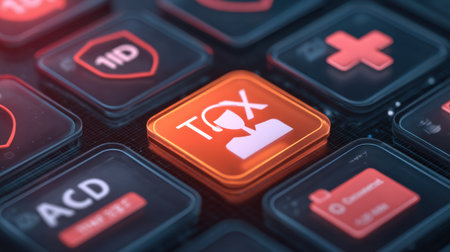 A vibrant digital tax icon surrounded by various financial and strategy graphics. Ideal for representing modern finance, technology, and user interfaces.の素材