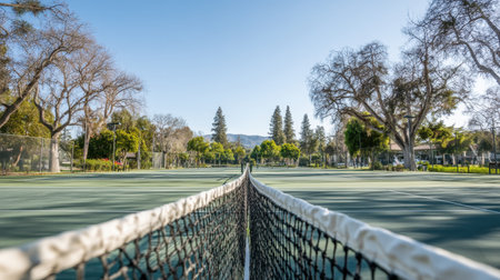 A tranquil scene of tennis courts framed by lush trees under a clear blue sky, perfect for showcasing outdoor sports and leisure activities.の素材