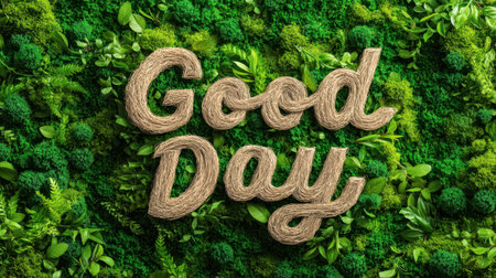 A vibrant design featuring the phrase "Good Day" created using natural elements against a lush green background. Ideal for wellness themes and positive messaging.の素材
