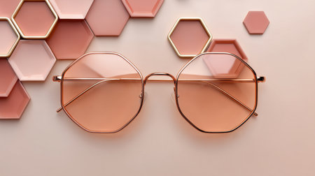 A pair of stylish round sunglasses featuring soft pink lenses, beautifully arranged against a background of hexagonal shapes in various shades of pink. Perfect for fashion lovers.の素材