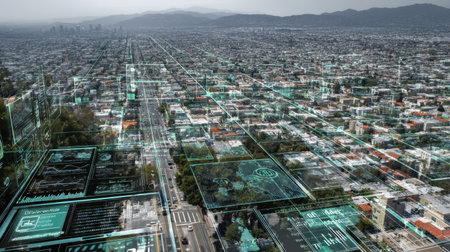 Aerial view showcasing an urban landscape integrated with digital technology. The image highlights development, data analytics, and future city planning elements.の素材