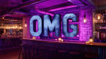 A vibrant bar interior featuring a striking neon OMG sign, warm lighting, and a cozy atmosphere, perfect for nightlife and social gatherings.の素材