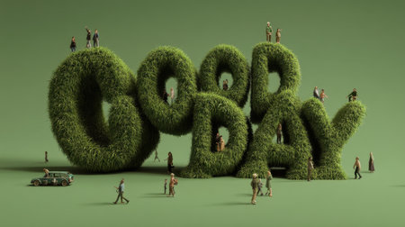 A vibrant and imaginative scene featuring lush grass letters forming the words "Good Day," surrounded by tiny figures of people interacting joyfully in a natural setting.の素材