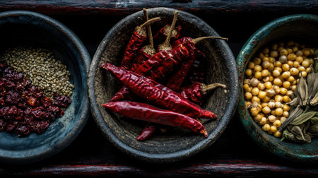 A captivating close-up of assorted spices and dried chilies displayed in rustic bowls, showcasing vibrant colors and diverse textures, perfect for culinary inspiration.の素材