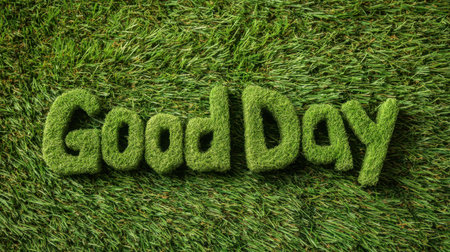 This image features letters made of lush green grass spelling "Good Day," set on a vibrant grassy background, conveying a cheerful outdoor vibe.の素材
