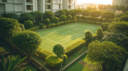 A peaceful tennis court nestled among lush greenery, captured during sunset. This serene setting promotes outdoor recreation and healthy living.の素材