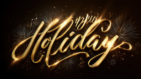 Stunning gold script spells out 'New Holiday' against a dark background, enhanced by sparkling elements, creating a festive and glamorous atmosphere perfect for celebrations.の素材