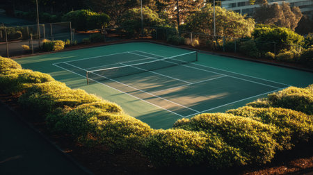 An empty tennis court bathed in sunlight, surrounded by lush greenery, creates a serene atmosphere for outdoor sports and leisure activities.の素材