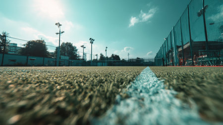 This image showcases a captivating view of an indoor sports court with vibrant green turf, emphasizing a fresh perspective and tranquil atmosphere.の素材
