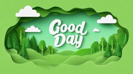 A charming paper cut landscape featuring vibrant greenery, clouds, and a cheerful "Good Day" message. This design captures the essence of positivity and nature's beauty.の素材