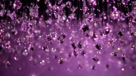 Captivating image showcasing shimmering purple crystals hanging against a blurred background, creating a magical and elegant atmosphere perfect for celebrations.の素材