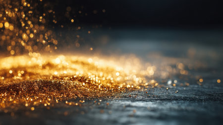 Beautiful golden glitter particles scatter elegantly on a dark surface, creating a mesmerizing abstract scene. Ideal for artistic or decorative use.の素材