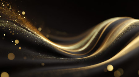 This captivating abstract image features flowing gold and black waves adorned with sparkles, creating a sense of elegance and luxury perfect for various creative projects.の素材