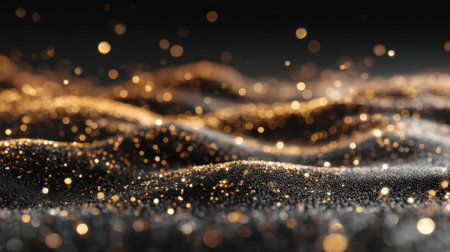 Captivating abstract image of golden particles dancing on a dark surface, creating a shimmering effect. Perfect for depicting luxury, elegance, and celebration.の素材