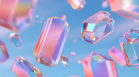 A captivating scene of colorful transparent crystals floating against a vibrant blue sky, capturing light and reflections beautifully, ideal for artistic designs.の素材