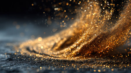 This image showcases a mesmerizing swirl of gold glitter against a dark background. Perfect for themes of elegance, celebration, and creativity, it captures the essence of sparkle and beauty.の素材