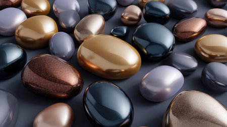 A stunning array of glossy, smooth stones in various hues creates a captivating visual on a dark surface, showcasing elegance and harmony in design.の素材