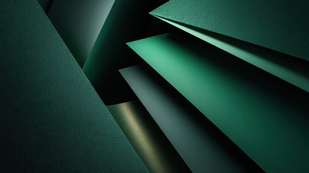 This abstract image features geometric shapes in varying shades of green against a dark background, creating a modern visual experience full of texture and depth.の素材