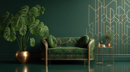 Discover a luxurious green interior featuring an elegant couch, stylish decor, and lush plants. This modern setting combines comfort with chic aesthetics for a serene ambiance.の素材