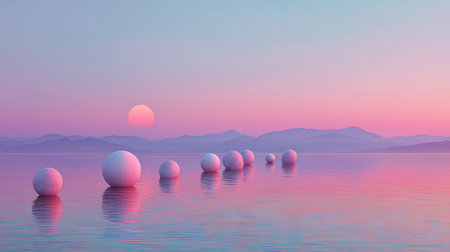 A tranquil landscape featuring floating spheres on calm waters. The vibrant sunset casts gentle pastel colors, creating a serene and dreamlike atmosphere.の素材