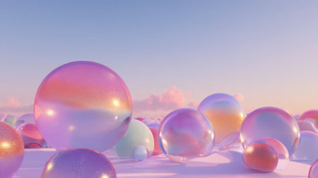 A vibrant scene featuring colorful abstract bubbles in a dreamy pastel landscape, illuminated by the warm glow of a sunset, creating a tranquil atmosphere.の素材