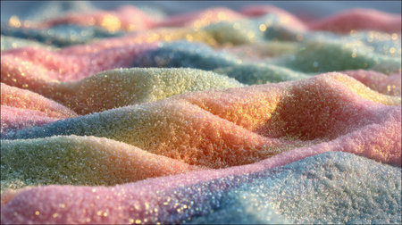 Captivating view of colorful textured waves resembling sparkling sand reflects soft light, creating an enchanting and artistic atmosphere perfect for various uses.の素材