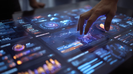 A close-up view of a hand interacting with a futuristic touchscreen interface displaying intricate data visualizations, representing modern technology and innovation.の素材