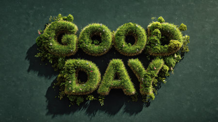 A unique design featuring lush green grass letters forming the phrase "Good Day." This vibrant artwork emphasizes nature's beauty and positive energy in outdoor settings.の素材