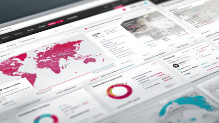 A modern digital dashboard interface showcasing global data visualization with vibrant charts and maps. Ideal for business analytics and technology solutions.の素材