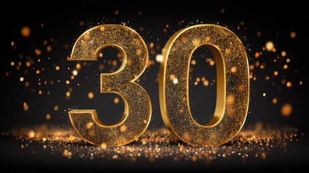 Stunning golden number 30 glimmers with glitter and sparkles against a black background, perfect for celebrating milestones, anniversaries, or special events.の素材