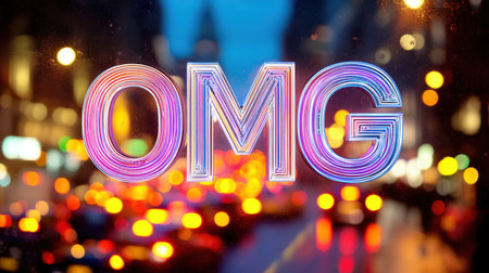 A vibrant neon sign displaying the word "OMG" glows against a blurred urban night backdrop, creating an exciting atmosphere with colorful lights.の素材