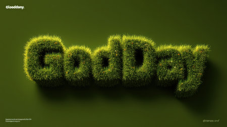 This image features letters made of lush green grass set against a rich background, conveying a cheerful and refreshing message of 'Good Day.'の素材