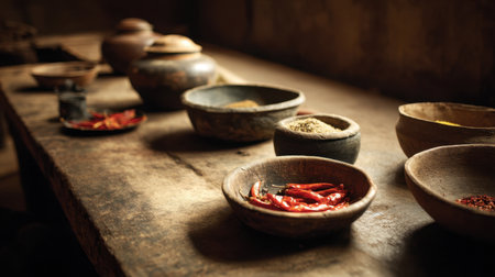 A rustic kitchen table displayed with various spices and dried chili peppers in traditional bowls, showcasing the essence of culinary diversity and flavor preparation.の素材