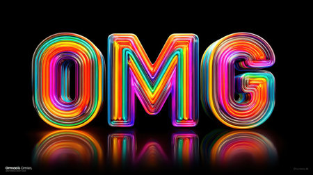 This vibrant neon text design featuring "OMG" showcases bold colors and reflections against a black backdrop, creating an eye-catching and energetic visual effect.の素材