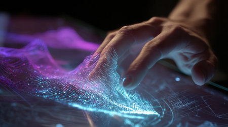 A close-up of a hand interacting with a dynamic digital interface, showcasing vibrant data visualizations and abstract patterns that represent technological innovation.の素材