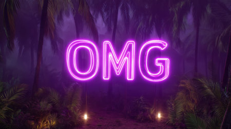 A striking neon sign displaying "OMG" illuminates a dark forest, surrounded by vibrant palm trees. This creative image captures intrigue and fantasy.の素材