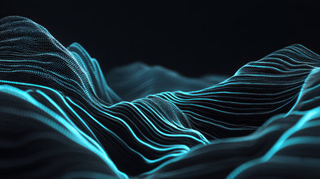 A visually captivating abstract landscape featuring glowing blue lines and smooth wave patterns, perfect for conveying technology, depth, and innovation.の素材