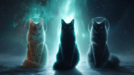 A striking portrait of three ethereal cats illuminated by glowing light in a cosmic setting, creating a mystical and serene atmosphere that captivates viewers.の素材