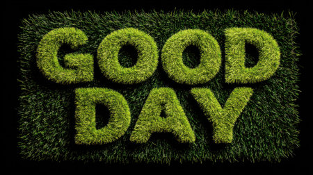 A vibrant display of green grass letters arranged to say "Good Day" against a black background, perfect for conveying positivity and freshness.の素材